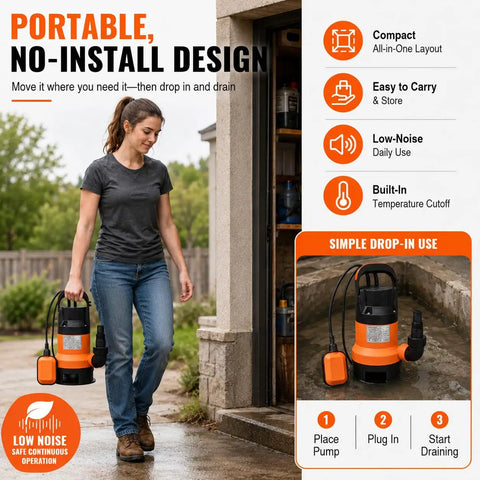Heavy Duty 0.5HP Submersible Utility Pump With Auto Float Switch handles, woman carrying portable pump, low-noise, easy to use.