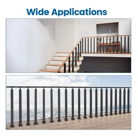 Rock Solid Square Stair Baluster Posts With 270 Degree Flex Metal Railing Spindles in indoor and outdoor settings.