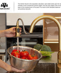 Sharp Looking Champagne Gold Kitchen Faucet With Pull Down Sprayer And Single Handle Mixer Designed For No Sweat Installation And A Classy Vibe In Your Kitchen pouring water over tomatoes in a colander.