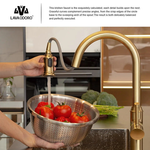 Sharp Looking Champagne Gold Kitchen Faucet With Pull Down Sprayer And Single Handle Mixer Designed For No Sweat Installation And A Classy Vibe In Your Kitchen pouring water over tomatoes in a colander.