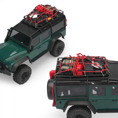 Expedition Ready Off Road RC Rig Gear Kit for 1/18 TRX4M and 1/24 SCX24 with luggage net, ARB bag, and recovery boards on RC vehicles