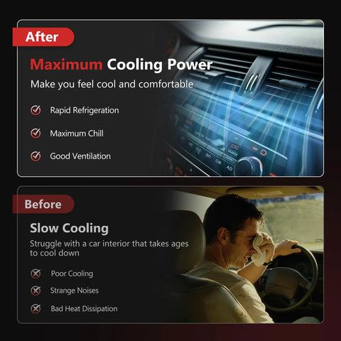 Before and after comparison highlighting cooling power benefits for Fresh Drop In AC Compressor With Clutch for Nissan vehicles.