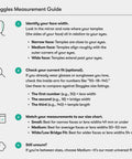Stoggles measurement guide showing steps to identify face width and check fit for safety glasses.
