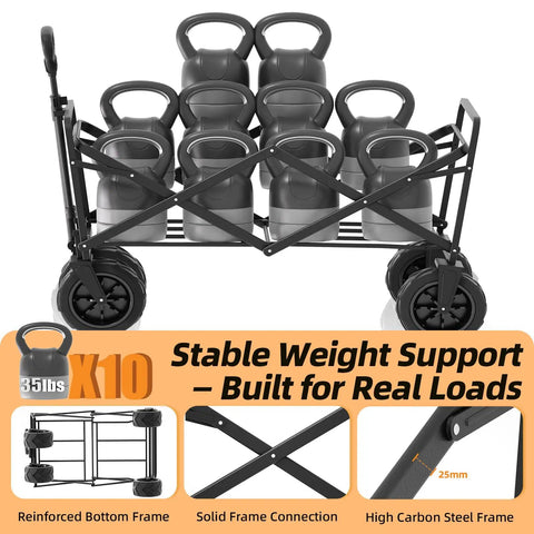 Heavy Duty 350 Lbs Collapsible Wagon for Camping showing reinforced frame and wheels, loaded with weights