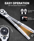 Close-up view of 90-tooth quick-release ratchet wrench with bi-directional switch, part of the 55 Piece Three Eighths Inch Drive Master Impact Socket Set.