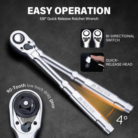 Close-up view of 90-tooth quick-release ratchet wrench with bi-directional switch, part of the 55 Piece Three Eighths Inch Drive Master Impact Socket Set.