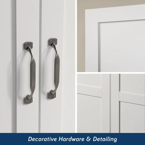 Close-up of decorative hardware on White Finish Double Door Storage Cabinet With Adjustable Shelves For Pantry Kitchen Or Home Office