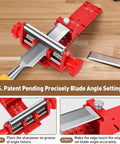 Chisel Sharpening Jig And Wood Honing Guide With Adjustable Angle Fixture And Dual Sharpening Stones For Crisp Bevels On Shop Tools, showing red angle setting mechanism.