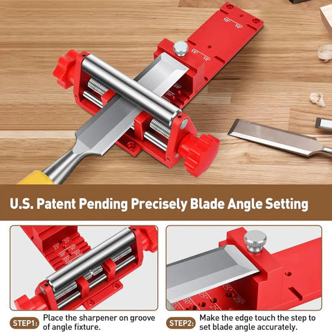Chisel Sharpening Jig And Wood Honing Guide With Adjustable Angle Fixture And Dual Sharpening Stones For Crisp Bevels On Shop Tools, showing red angle setting mechanism.