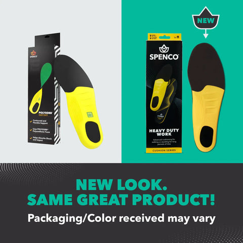 Packaging of Heavy Duty All Day Comfort And Support Shoe Insoles For Men Size 12 To 13.5 with updated design and insole view.