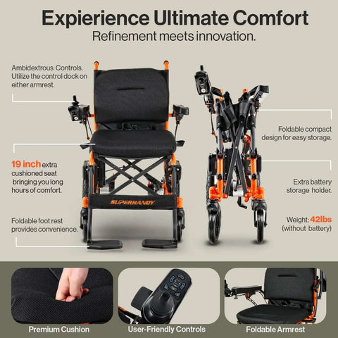 Front and folded side view of GoRide 2 Electric Wheelchair Lightweight 42 Lb Foldable With Dual Brushless Motors Zero Turn Electromagnetic Brake Portable Mobility Up To 300 Lb Capacity 18.5 Inch Wide Seat Cushioned Comfort Travel Ready with controls visible.