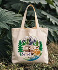 Canvas bag displaying Camping Stencil For Painting 11.8 Inch Square Reusable RV Mountain Tree Template with forest scene
