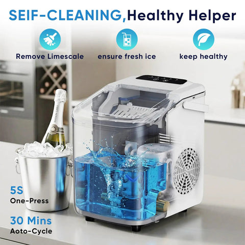 Countertop Ice Maker With Handle, Fast 6 To 8 Minute Bullet Ice Cubes, Produces 26 Lbs Per Day, Self Cleaning With Ice Basket And Scoop
