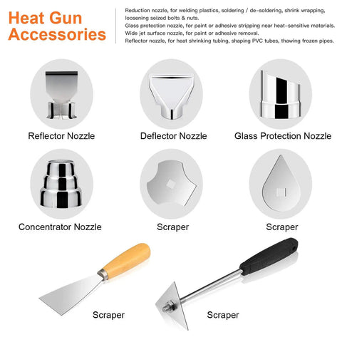 Accessories for Hot Air Gun With 9 Temp Dial And 3 Fan Speeds, including nozzles and scrapers for versatile heat tool use.
