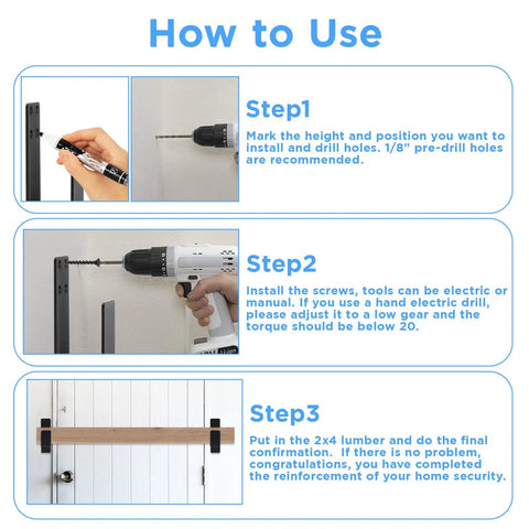 Installation instructions for Heavy Duty Door Barricade Brackets Set Of 4 For Home Security Rugged 4mm Carbon Steel Door Bar Holders.