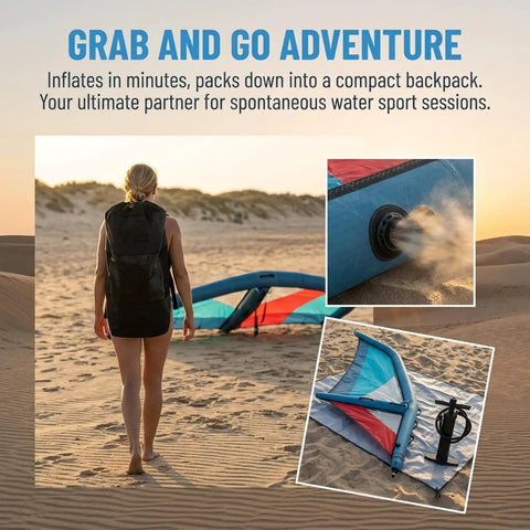 Woman approaching 3.2m blue inflatable windsurf wing with TPU, beach setup features pump and compact storage, Inflatable Windsurf Wing Foil For Wind Wing Foiling And Surfing Handheld Wing For Water Sports 3.2 Square Meters Blue Durable Polyester With TPU Coating For Easy Setup And Rugged Ocean Fun.