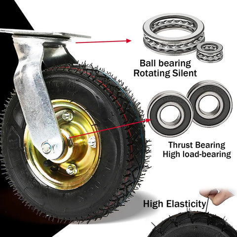 Heavy Duty Swivel Casters With Thick Rubber Wheels And Precision Ball Bearings showing steel bearing and rubber wheels detail.