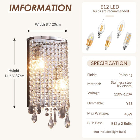 Modern Crystal Wall Sconce With Sparkling Crystal Drops Shade For Living Room Hallway And Bedroom Luxe Chrome Finish Premium K9 Crystal Beads Sleek Ambient Lighting For Home Or Hotel Decor displayed with specs