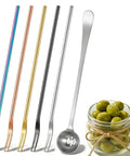 Six-Piece Pickle Fork Set With 8.66-Inch Long-Handle Olive Forks And Spoons With Drain Holes, shown with a jar of olives