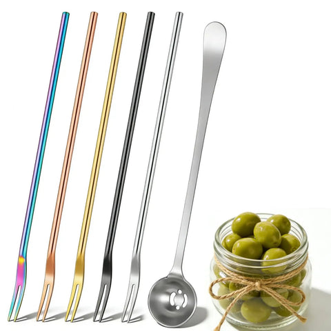 Six-Piece Pickle Fork Set With 8.66-Inch Long-Handle Olive Forks And Spoons With Drain Holes, shown with a jar of olives
