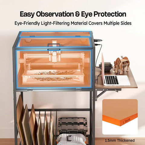 Front view of Laser Engraver Enclosure Cabinet With Exhaust And Ventilation Fan, featuring eye protection and universal fit design.