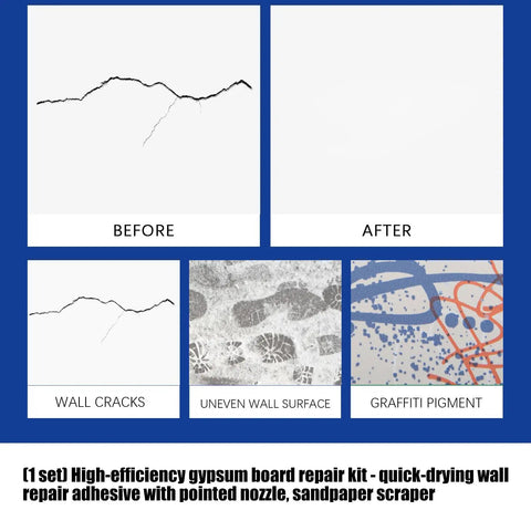 Wall Repair Kit With Quick Drying Putty Filler, Scraper And Sandpaper, DIY Friendly Fix For Holes And Cracks On Drywall Or Concrete, Low Odor, Smooth Finish For Your Living Rooms And Offices At Home, before and after image showing repair of wall cracks.