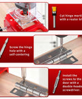 Adjustable Door Hinge Jig For Jambs And Routers, Aluminum Alloy Hinge Template Kit Fits Door Hinges From Two Point Five To Five Inches, Radius One Quarter Inch Or Radius Five Eighths Inch, Red, Durable Router Template Tool For Precise Installations shown in use with a door and router.