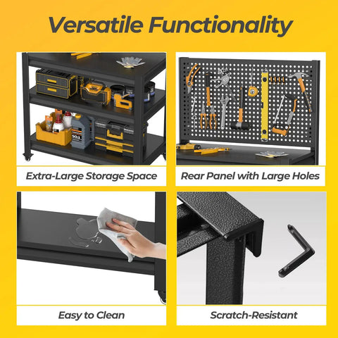 Heavy Duty 1000 Pound Rolling Workbench With Removable Pegboard And Smooth Rolling Tool Cart For Garage Shop Setup featuring large storage and easy clean surfaces.