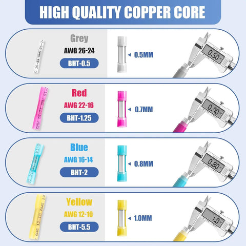 Color-coded sizes of 120 Piece Heat Shrink Butt Connectors Kit for Automotive and Marine Wiring with precise measurements.