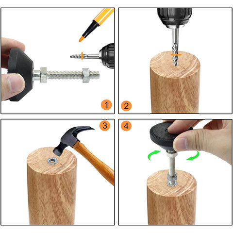 Installation steps for Heavy Duty M8 Thread Leveling Feet Four Pack; showing adjustment and mounting process on wood.