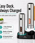 One Hand Press Electric Salt And Pepper Grinder Set With Charging Base Auto Seasoning Tool For Cooking Easy Use No Twisting Wrist Relief Cordless Rechargeable Kitchen Gadget on docking station.