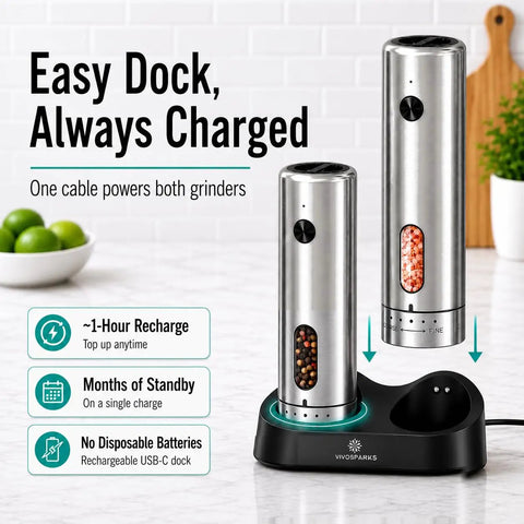 One Hand Press Electric Salt And Pepper Grinder Set With Charging Base Auto Seasoning Tool For Cooking Easy Use No Twisting Wrist Relief Cordless Rechargeable Kitchen Gadget on docking station.