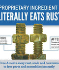 Before and after image of bolts treated with Heavy Duty Deep Penetrating Rust Eater Oil 11 Oz. Rust remover showing cleaned threads.