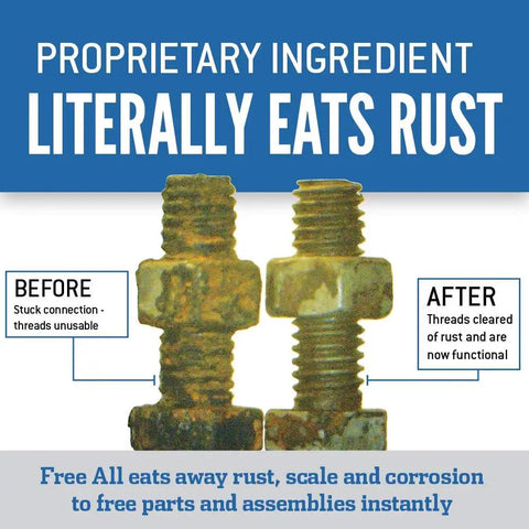 Before and after image of bolts treated with Heavy Duty Deep Penetrating Rust Eater Oil 11 Oz. Rust remover showing cleaned threads.
