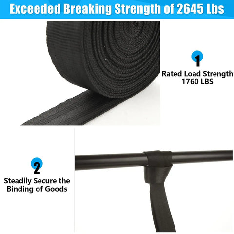 Heavy Duty 1 Inch Ratchet Straps 4 Pack With Durable Hooks 20 Foot Tie Downs For Motorcycles ATVs Trucks And Boats Built for No Sweat Haul Security and Rock Solid Grip 2645 Lbs Capacity black webbing rolled and secured to rods