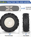 13x5.00-6 Tubeless Tiller Tire And Wheel Set With 1 Inch Axle And 3-1/8 Inch Centered Hub For Agriculture Equipment front and side view