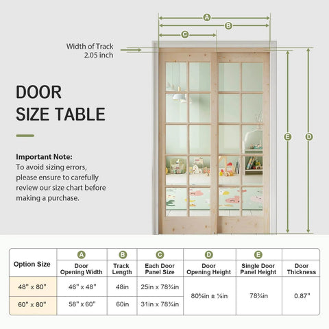 Preassembled Solid Spruce Wood Double Sliding Closet Doors Set With Bypass Hardware Track Kit 60 Inch By 80 Inch Two 31 Inch Tempered Clear Glass Panels Barn Door Slab For Interior Pantry Kitchen Built To Last Rustic Style with size chart.