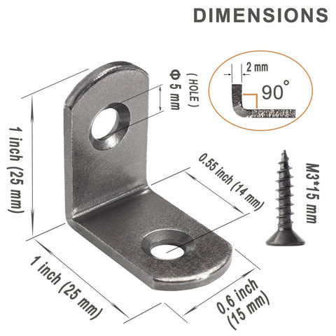 L Shaped Corner Bracket 1 Inch Right Angle Metal Support For Wood Shelves Cabinets Furniture Desks Drawers Pack Of 16 With Screws Gun Metal Black Finish dimensions diagram