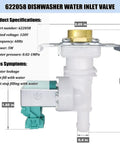 Dishwasher Water Inlet Valve 622058 Replacement Part AP4927070 PS3491417 33299010 dimensions and specifications shown