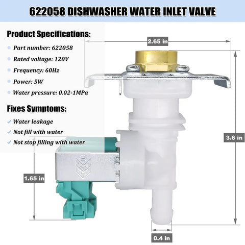 Dishwasher Water Inlet Valve 622058 Replacement Part AP4927070 PS3491417 33299010 dimensions and specifications shown
