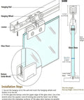 6.4ft Sliding Door Hardware Set With Hydraulic Soft Close System installation diagram with hanging rail and glass door