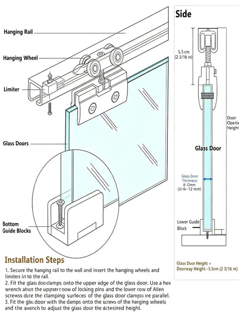 6.4ft Sliding Door Hardware Set With Hydraulic Soft Close System installation diagram with hanging rail and glass door