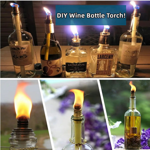Wine Bottle Torch Kit With Long Life Wicks And Brass Wick Holders For DIY Outdoor Tiki Torches Just Add Any Bottle To Create Warm Garden Light And Bar Decor Pack Of 4 in use
