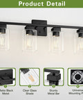 Four Light Matte Black Vanity Light With Square Backplate Glass Shades Sleek Modern UL Certified Bathroom Fixture For Over Mirror Or Bedroom Farmhouse Style Bath Light
