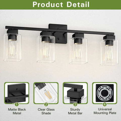 Four Light Matte Black Vanity Light With Square Backplate Glass Shades Sleek Modern UL Certified Bathroom Fixture For Over Mirror Or Bedroom Farmhouse Style Bath Light