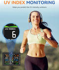 Woman jogging with 14 In 1 Wireless Weather Station With Outdoor Sensor And Radio Controlled Clock displaying UV index.