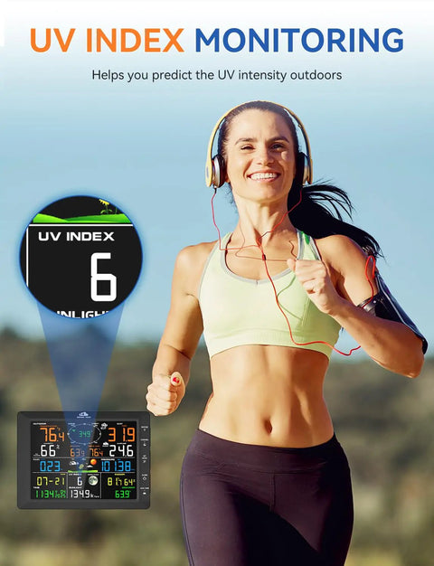 Woman jogging with 14 In 1 Wireless Weather Station With Outdoor Sensor And Radio Controlled Clock displaying UV index.