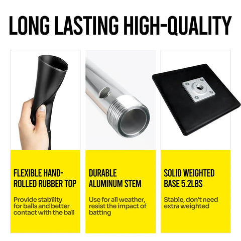 Portable Batting Tee For Baseball And Softball With Adjustable Height From 25 To 37 Inches shown with rubber top, aluminum stem, and heavy-duty base.