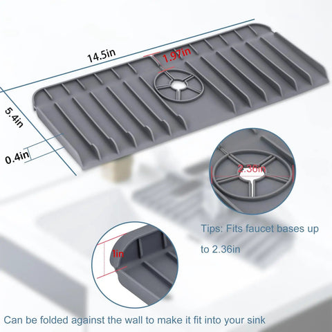 Silicone Sink Splash Guard Behind Faucet Drip Catcher Mat Keeps Counters Dry, grey, 14.5x5.4 inches, kitchen sink pad