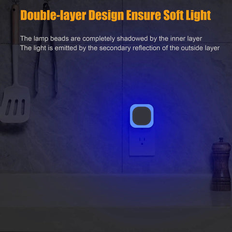 Two Pack Plug In Dimmable Night Light With Auto Dusk To Dawn Sensor Blue LED Night Light With Soft Diffused Glow 3 Level Brightness Perfect For Bathroom Hallway Stairs Kitchen And Bedroom